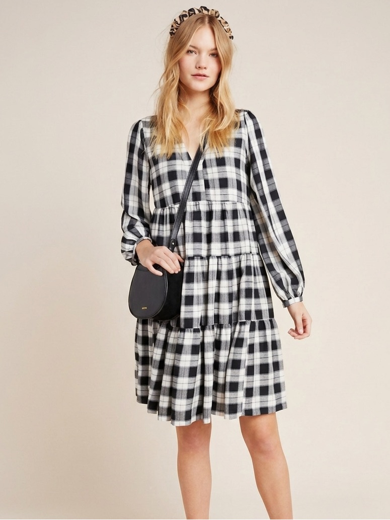 Anthropologie Maeve Amber Plaid Tiered Tunic Dress Size Small